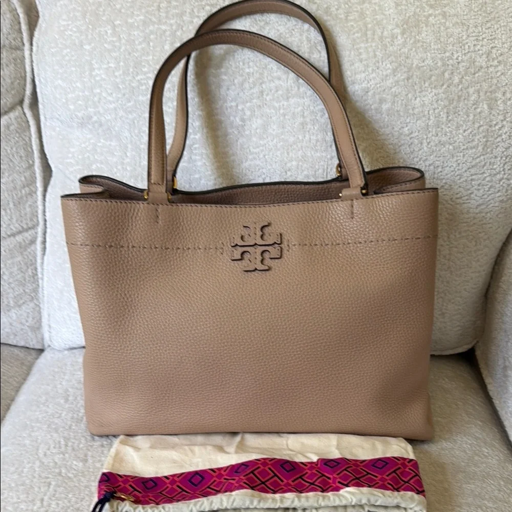 Tory Burch Beige/Tan Pebbled Leather Tote with Logo